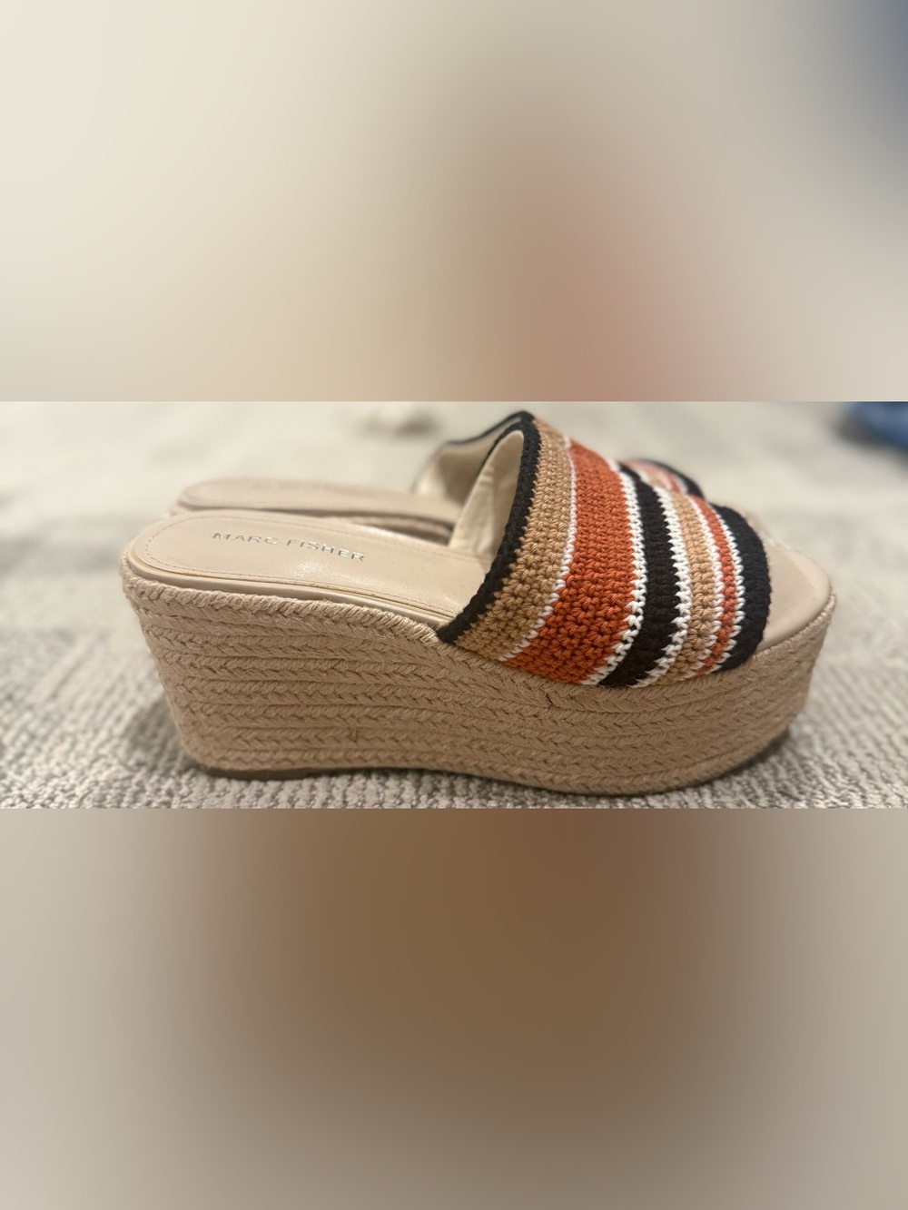 Marc Fisher Wedge Slide Sandals light Beige with Orange & Black Stripes